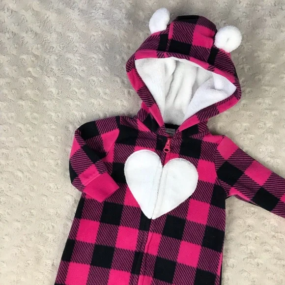 Carter’s Fleece Hooded Romper Size 3 Months Pink Black Buffalo Plaid Heart - Picture 1 of 4
